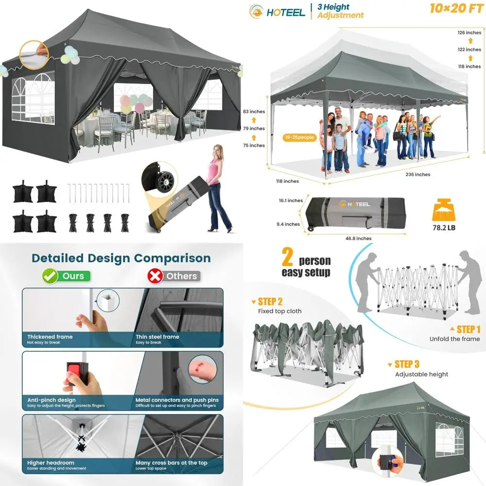 

Commercial Grade 10x20 Pop-Up Canopy Tent with 6 Removable Sides, Wheel Bag, and 4 Sandbags for Outdoor Events