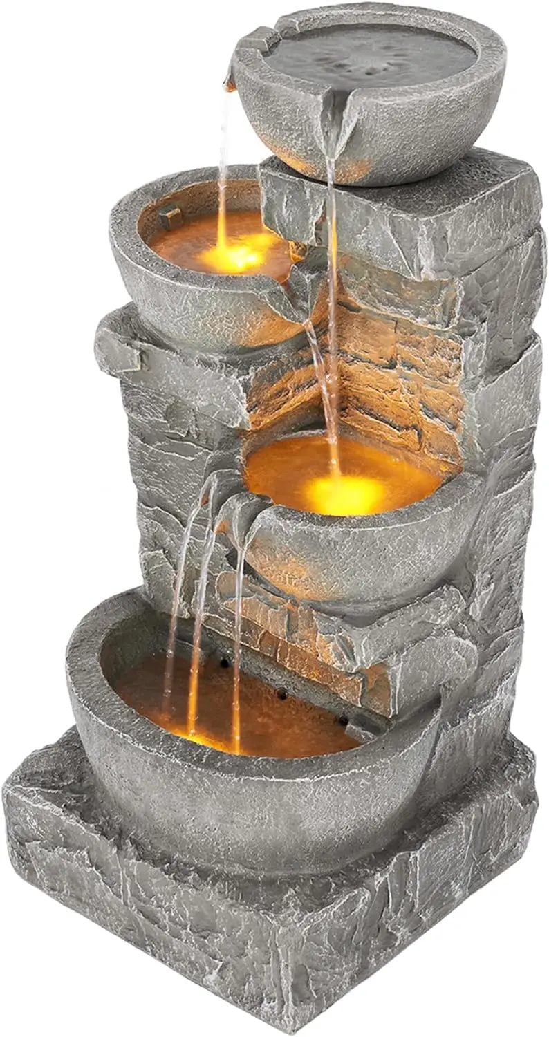 

Teamson Home 33.25 in. Cascading Bowls and Stacked Stones LED Outdoor Water Fountain for Gardens, Landscaping, Patios, Balconie