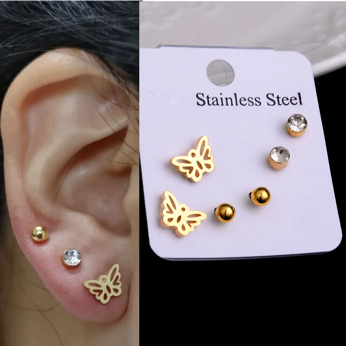 Stainless Steel Earrings Sets Small Cute Butterfly Star Moon Heart Studs Punk Piercing Earing Women\'s Minimalist Jewelry