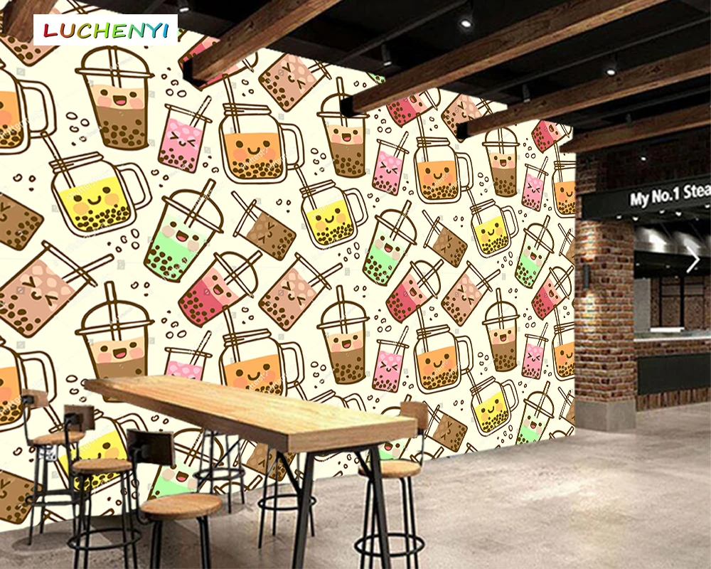 

Papel de parede custom cute cartoon milk tea 3d wallpaper mural, restaurant juice shop kitchen dining room wall papers sticker