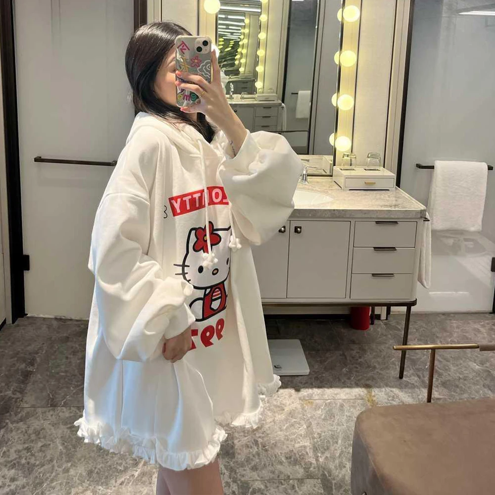 

Cartoon Thick Plush Sweatshirt Dress Anime Hello Kitty Women Hooded Hoodie Sanrio Kawaii Autumn Winter Large Size Loose Tops