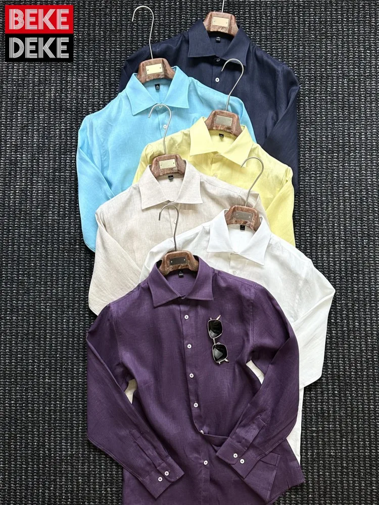 

Italian Designer Men 100% Linen Shirt Business Work Summer Breathable Long Sleeve Tops Single Breasted Comfortable Holiday Shirt