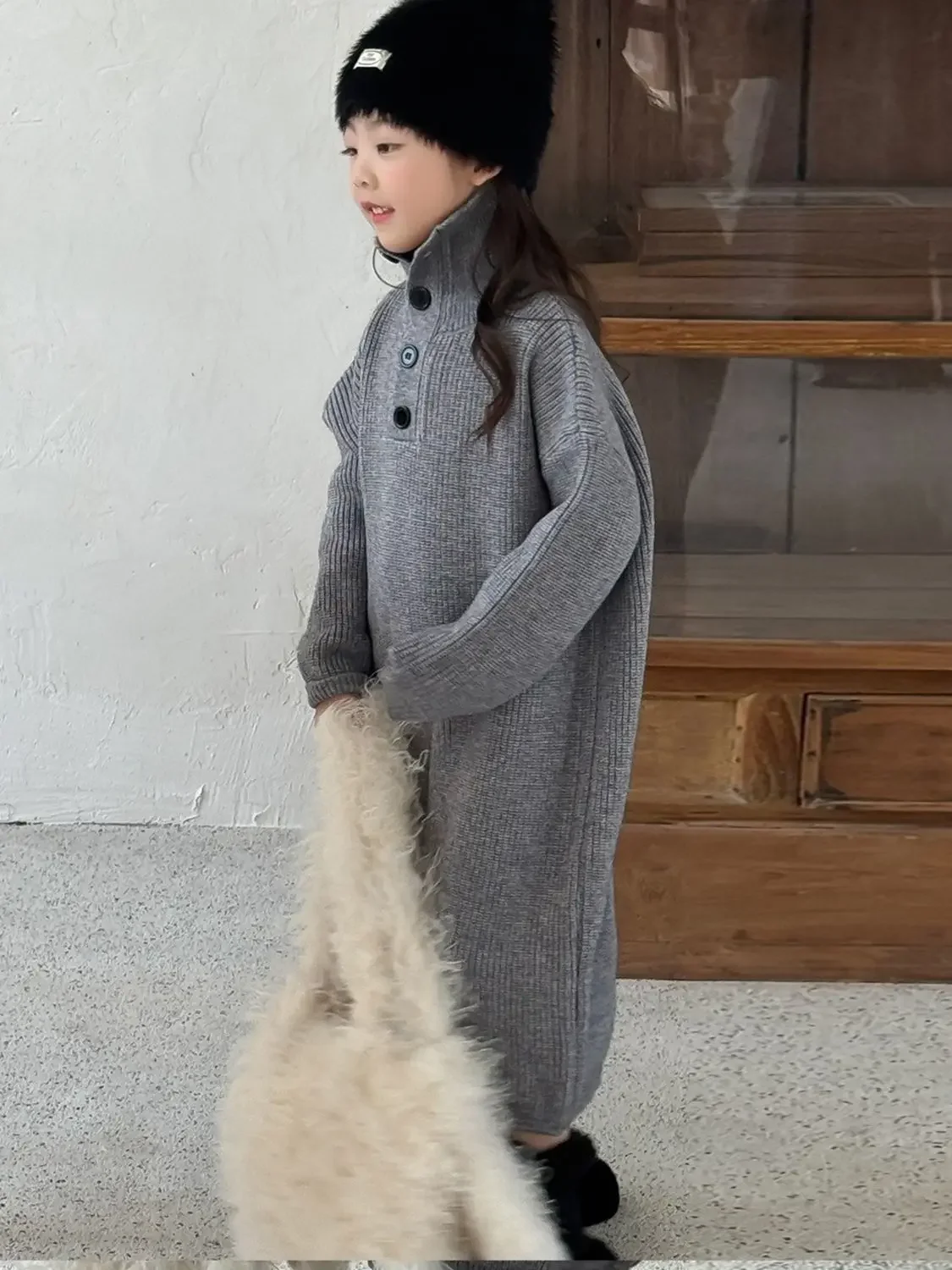

Autumn New Children Korean Thick Long Over Knee Sweater Dress Girls Gray Casual Knitted Sweater Dress 2025