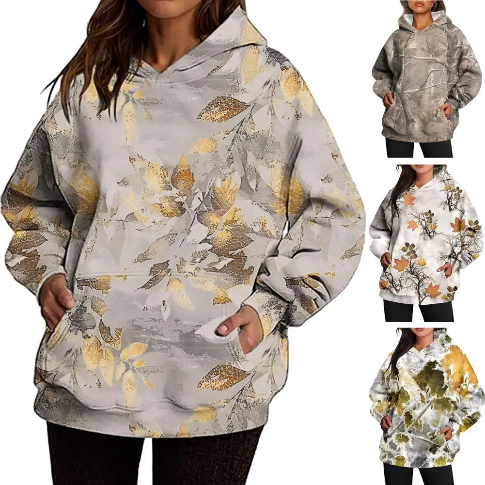 Women Hoodie with Big Front Pocket Camouflage Maple Leaf Print Sport Top Casual Oversized Hooded Outdoor Travel Sport Clothes