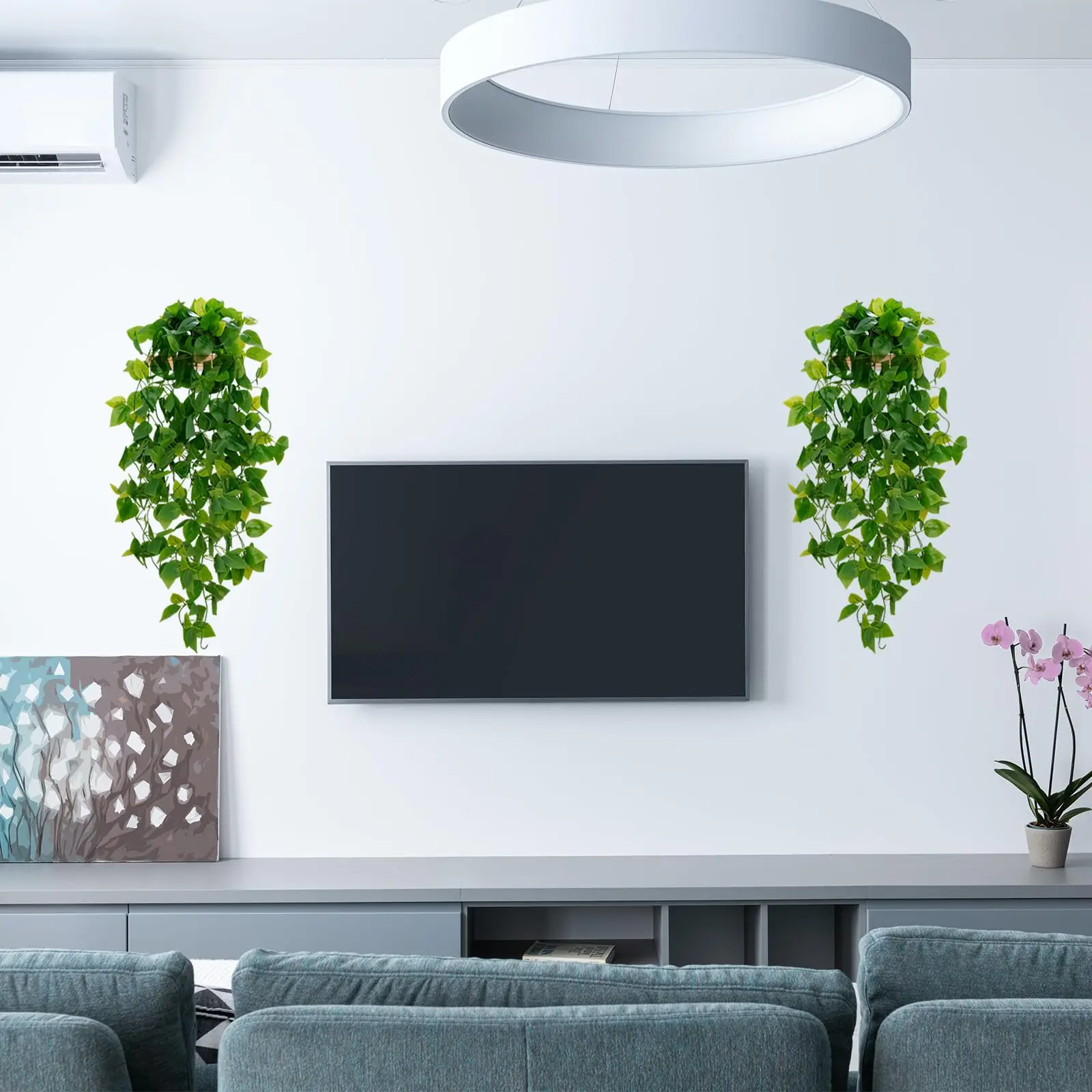 قطعتان من نباتات التعليق الاصطناعية، نبات معلق من الكروم الصناعي، خضراء لجدار غرفة المعيشة المنزلية، ديكور داخلي وخارجي (بدون سلال)