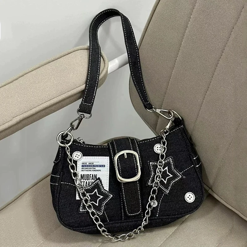 Y2k Fashion Women's Handbags Stars Pattern Cool Girls Underarm Bag Vintage Canvas Female Small Shoulder Bags Chain Tote Purses