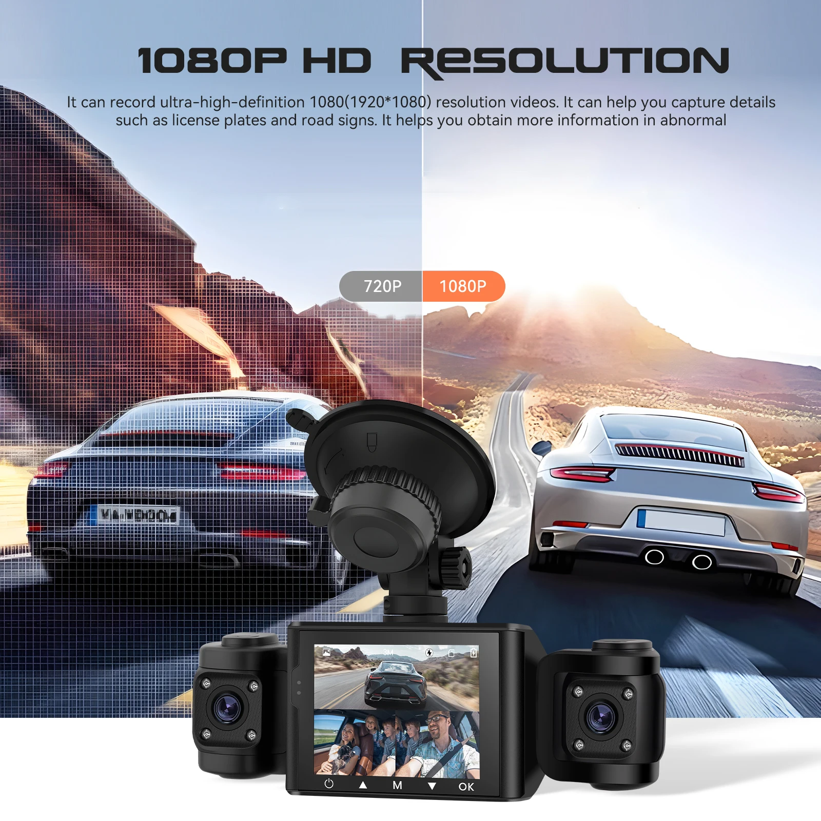 Podofo 2.4-inch 1080P Car Rear Mirror Dash Cam DVR Camera Triple Record HD Car Recorder With 480P Car Left, Right Camera Support Motion Detection Loop Recording Car Video Recorder