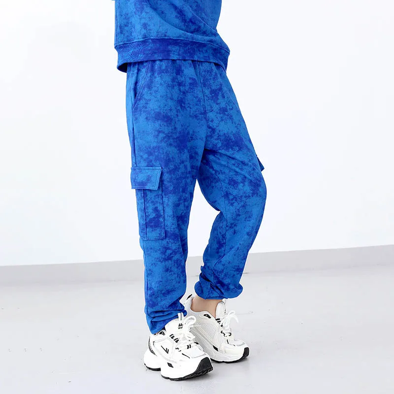 Spring Autumn Children Boys Sports Pant Blue Batik Elastic Waist Side Pockets 4-12Y Boy Sweatpant Versatile Young Teen Boys Pant