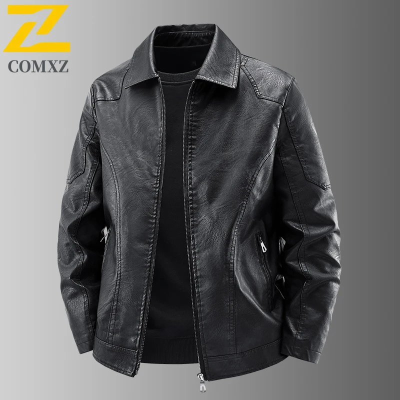COMXZ Plus Size Mens Leather Jacket Classics Turndown Collar Adventure Windproof Leather Coat Fashion Leisure Work Autumn Wear​