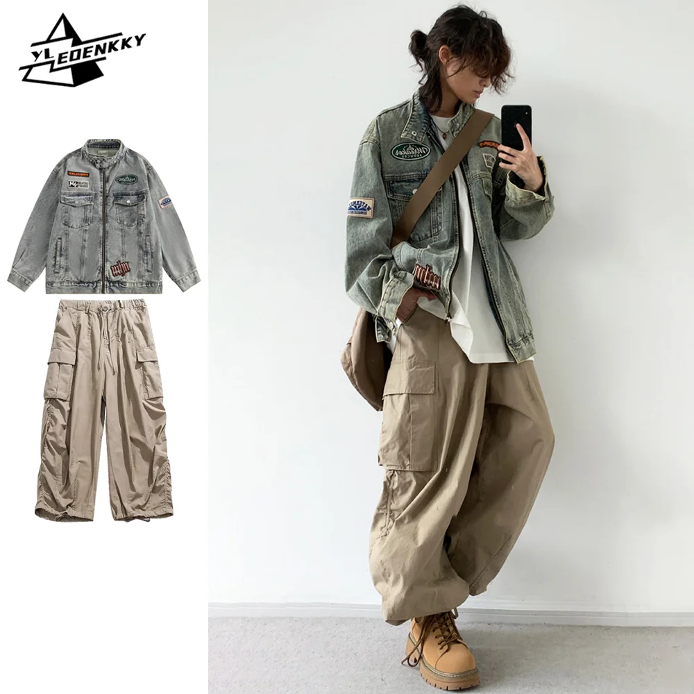 Hip Hop Retro Set Men Women High Street Embroidered Denim Jackets+Autumn Wide-leg Loose Cargo Pants Distressed Casual Two-piece