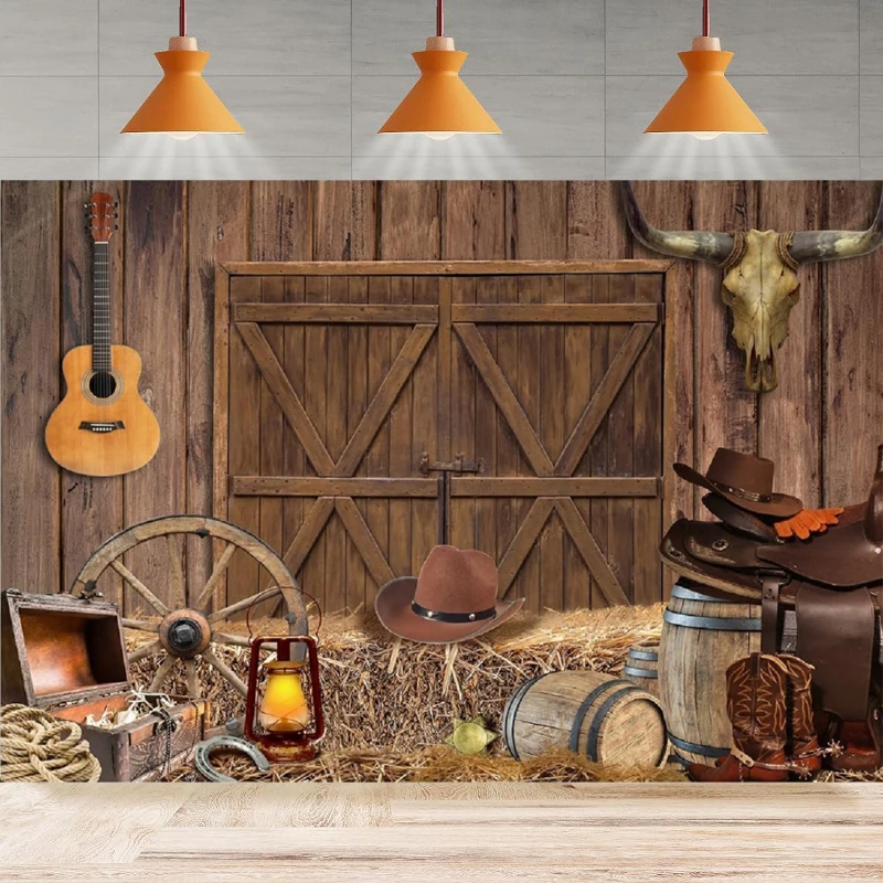 Western Cowboy Photography Backdrop Wild West Rustic Wooden House Barn Background Boy Birthday Party Backdrop Wall Banner Decor