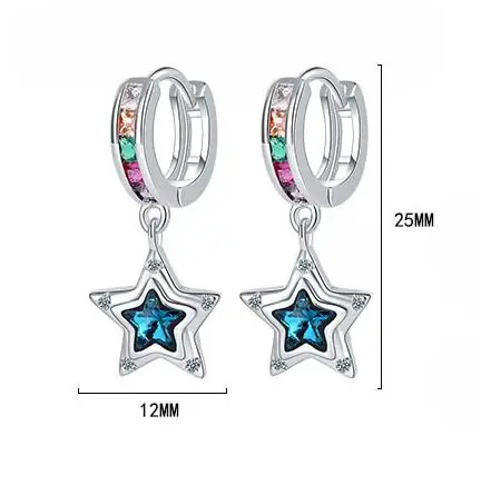 Baby Prinses 925 Zilver Blauw Kristal Ster Hoepel Oorbel Voor Kind Meisje Vrouwen Regenboog Zirconia Loop Huggies Oorbel Korea Sieraden