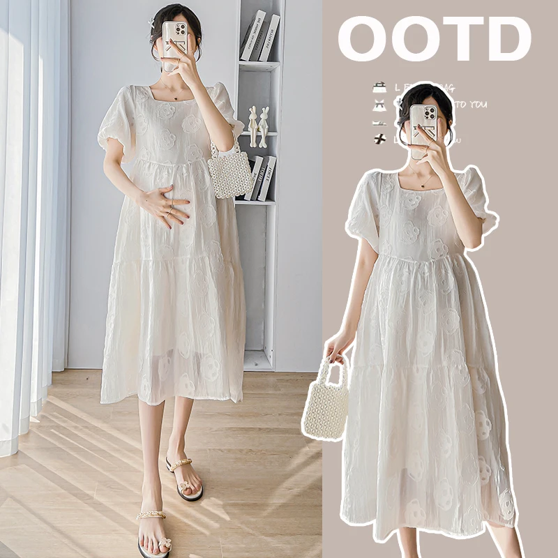 2024 Summer New Korean Fashion Maternity Long Dress Elegant A Line Loose Clothes for Pregnant Women Embroidery Pregnancy Daily