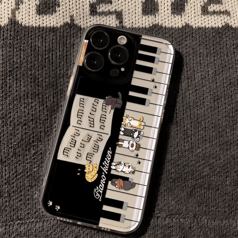 

Cute Piano Cat Phone Case For iPhone 17 16 15 11 12 14 13 Pro Max Mini X XS XR 7 Plus 16E Shockproof Soft Silicone Cover Fundas