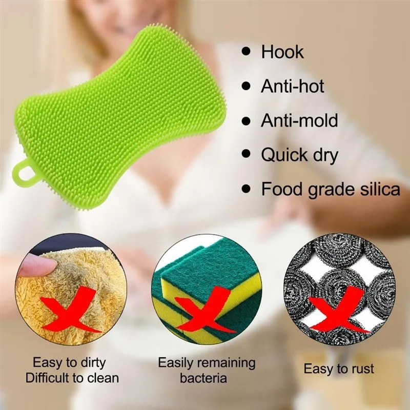 1PC Silicone Dish Washing Brush Pot Pan Sponge Scrubber Silicone Scouring Pad Fruit Pot Pan Wash Brushes Kitchen Cleaning Tool
