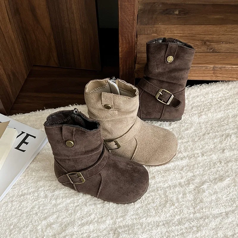 Kids Leather Boots Soild Color Versatile Baby Short Boots with Back Zipper 2026 Fashion Girls Casual Boots Round Toes Size 17-30