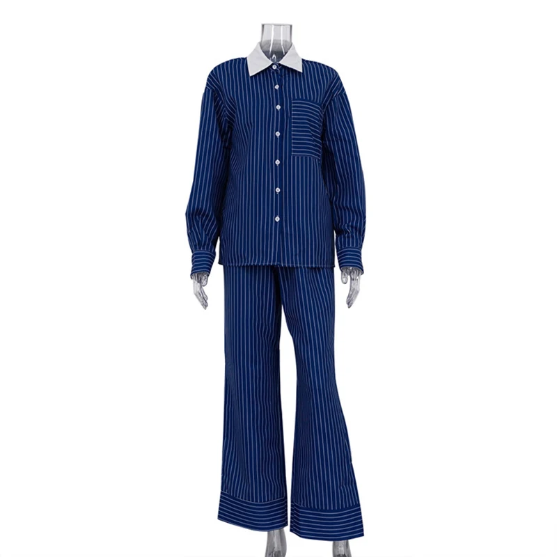 Spring Autumn Blue Stripe Casual Two Piece Wide Leg Pants Set New  Popular Black and White Contrast Lapel Two Piece Women Set