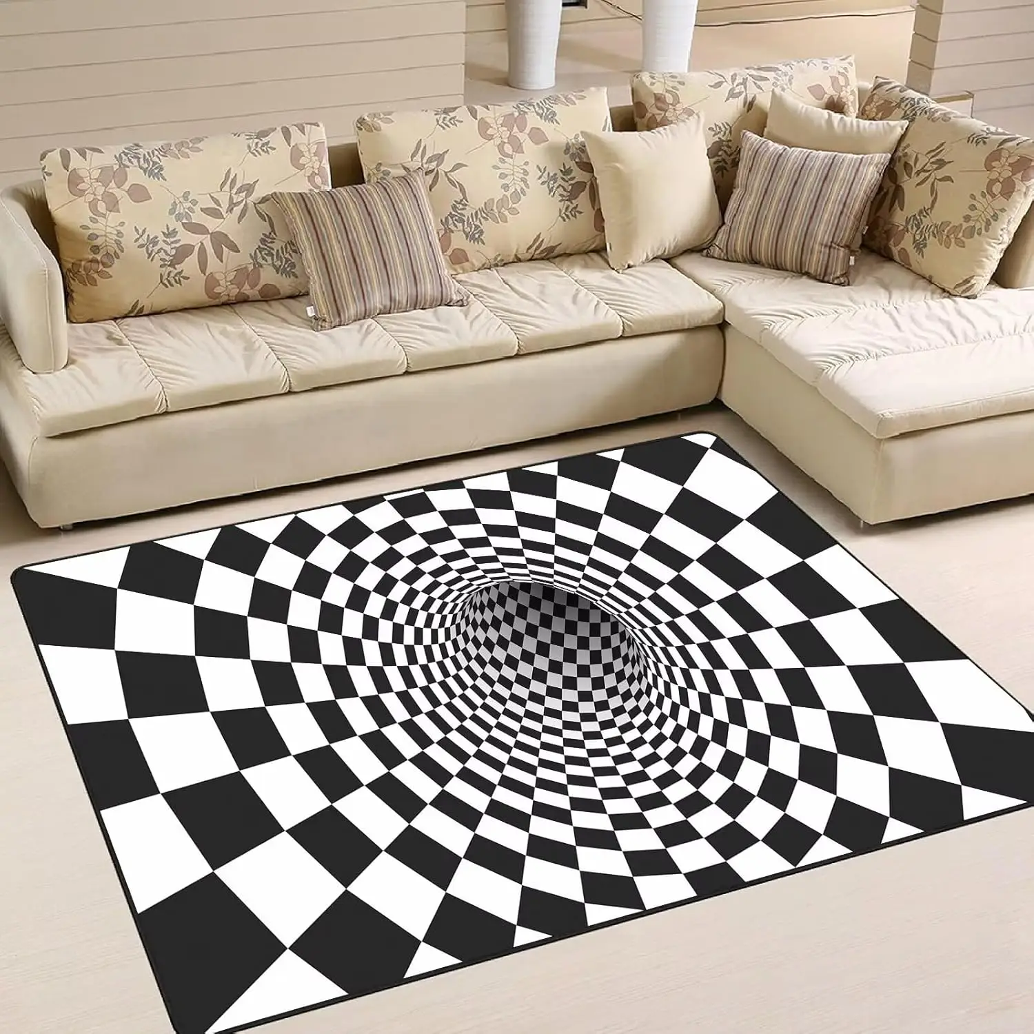 Optical Illusion Area Rug for Living Room 3D Vortex Carpet Black and White Floor Mat Abstract Art Doormat Dining Room Bedroom