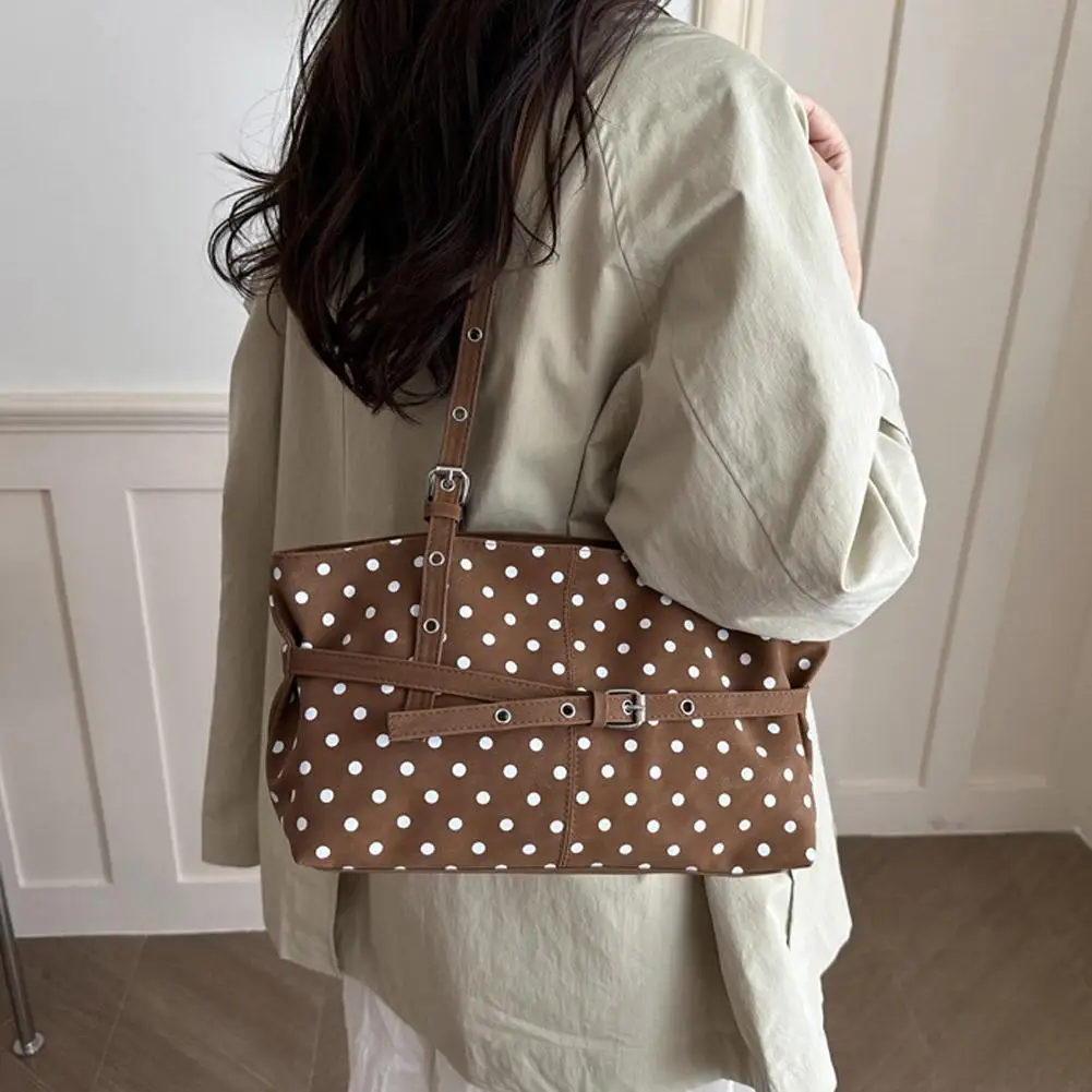 Damen-Tragetasche mit Polka-Dots, große Kapazität, Schulterhandtasche, Vintage, lässig, für Pendler und Einkäufe – Detail 14