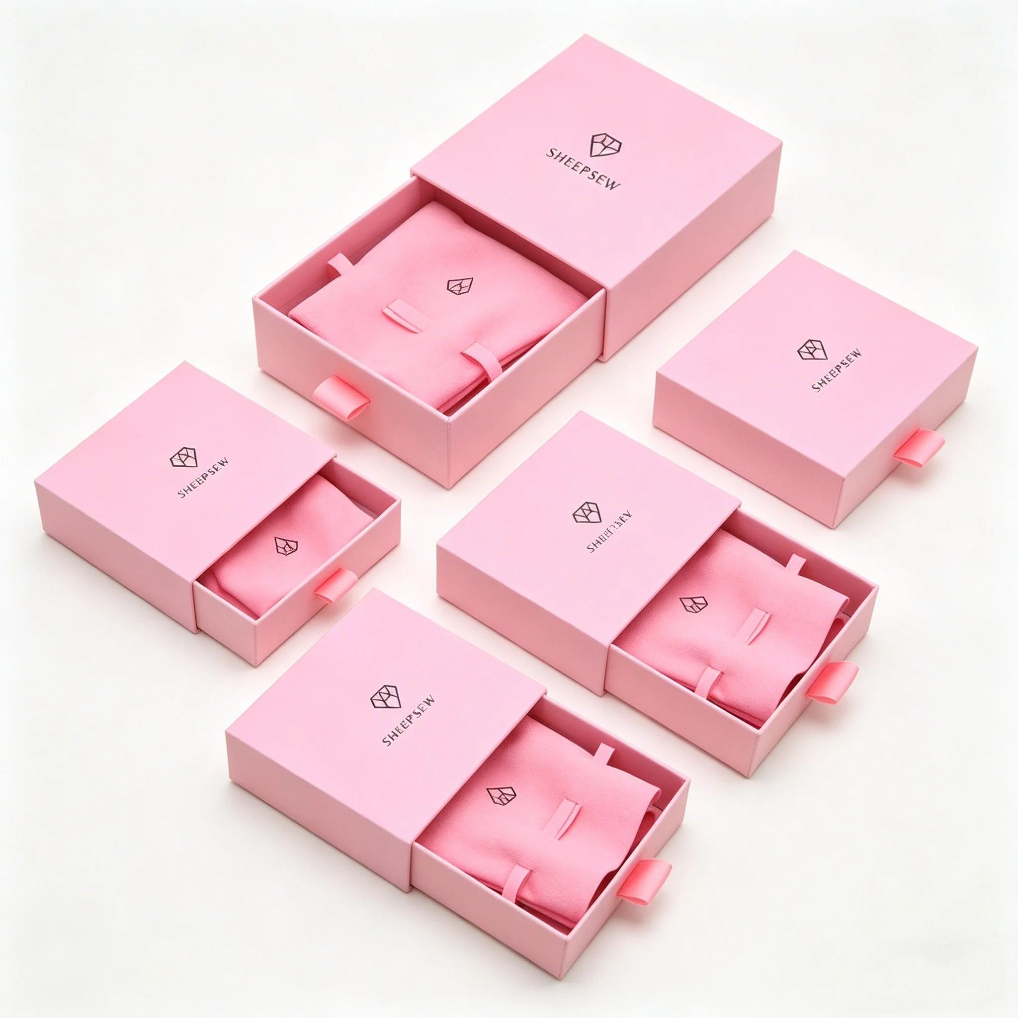 

SheepSew Luxury Pink Paper Drawer Jewelry Packaging Box with Suede Pouch for Ring Necklace Earrings Gift Storage