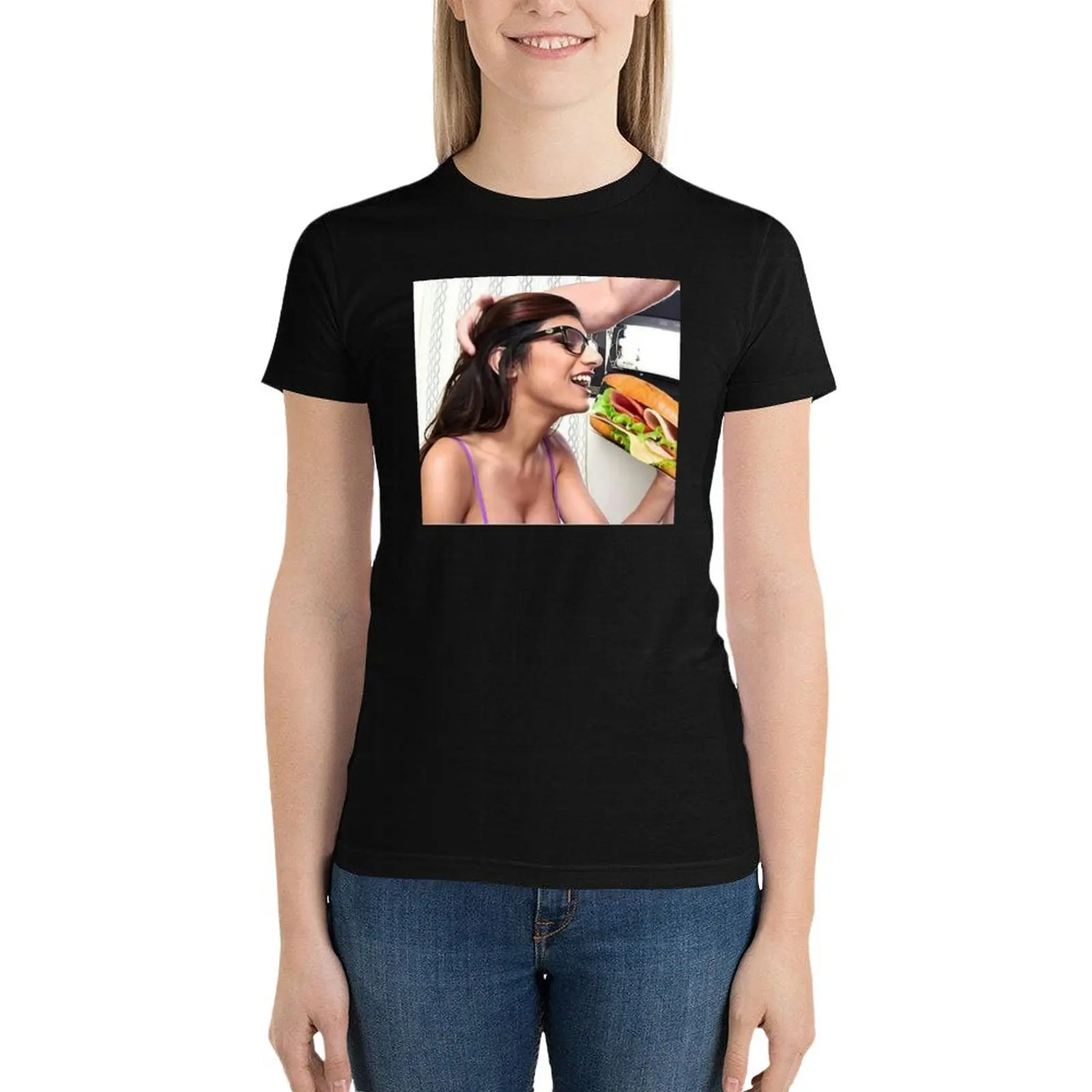 

Mia Khalifa eating a sandwich T-Shirt oversized Blouse rock and roll t shirts for Women