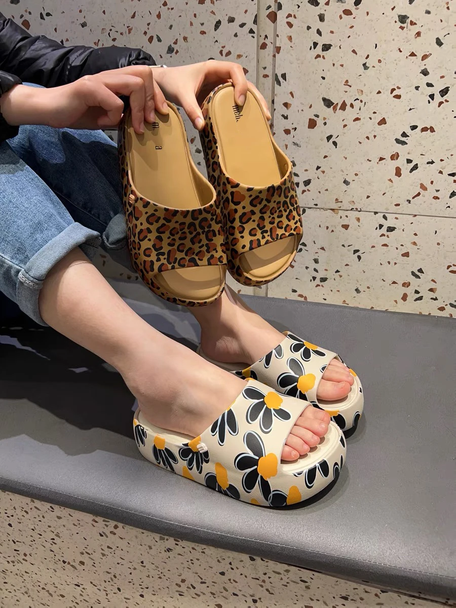 Mini Melissa Summer Women Comfort Slippers Leopard Soft Thick-Soled Cloud Slides Travel Vacation Beach Shoes New Women Sandals