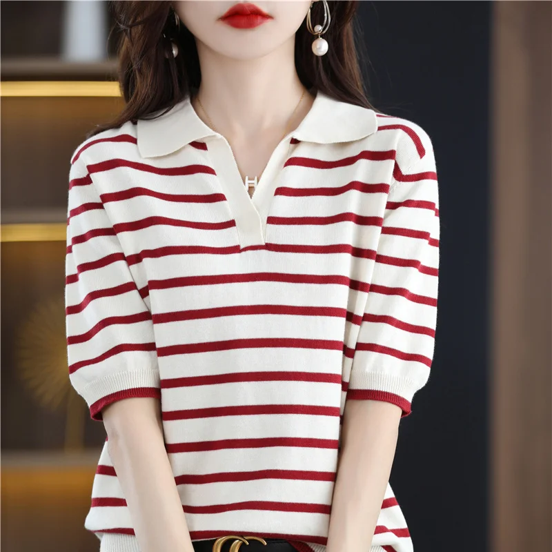 

Women's 100% Cotton Summer Loose T-Shirt Knitted Casual Stripe Comfortable Elegant Short Sleeve Versatile Chic Lapel Shirt Top