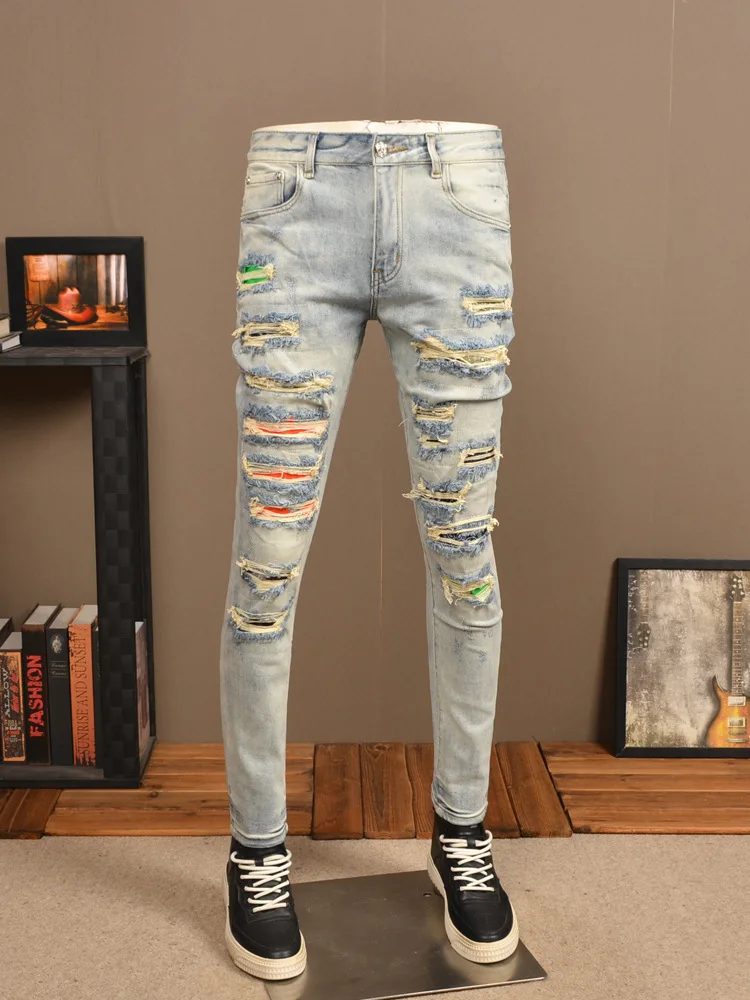 Retro Light Color Hole Jeans Men's Personality Fashion Stretch Slim High Street Scrape Patch Street Tappered Pants