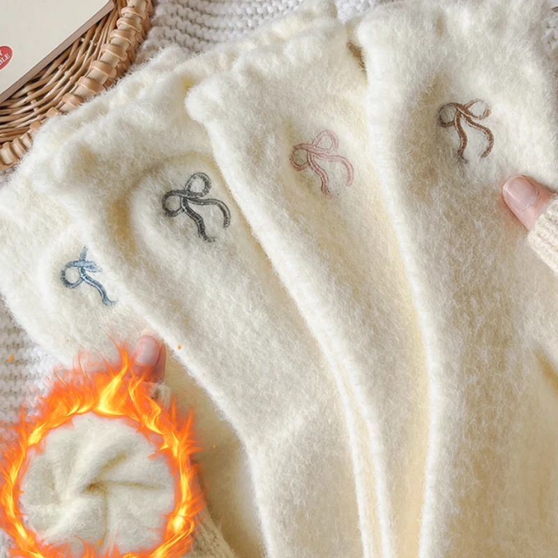 Women's Bow Sweet Fuzzy Socks Winter Warm Soft Slipper Socks Coquette Stuff Fluffy Thick Spa Home Sleeping Home Floor Socks