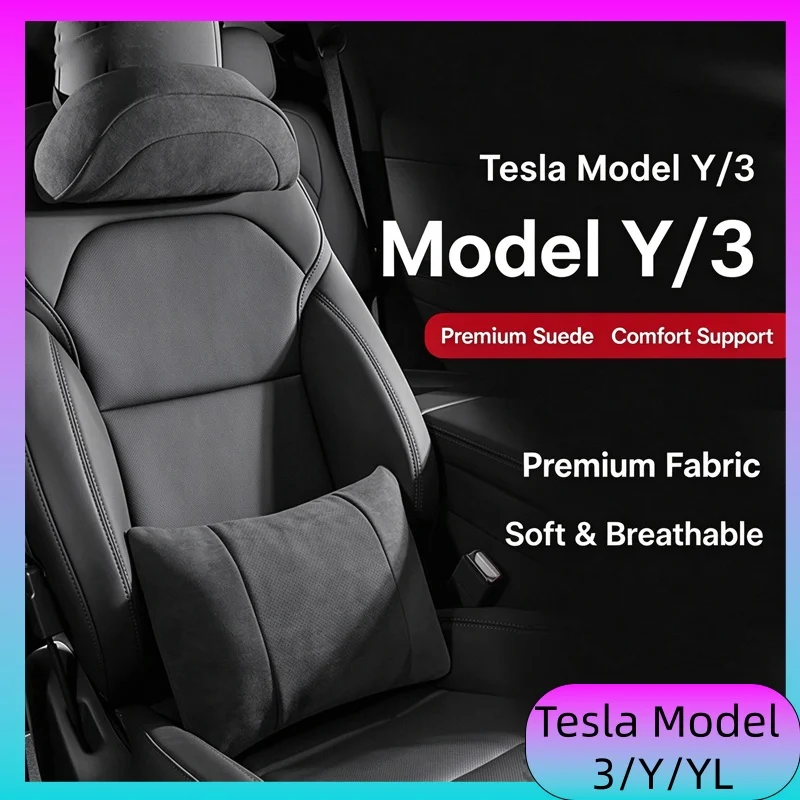 For Tesla Model 3/Y/YL Premium Suede Headrest Pillow Ergonomic Neck Support Cushion Memory Foam All-Season Neck Pillow