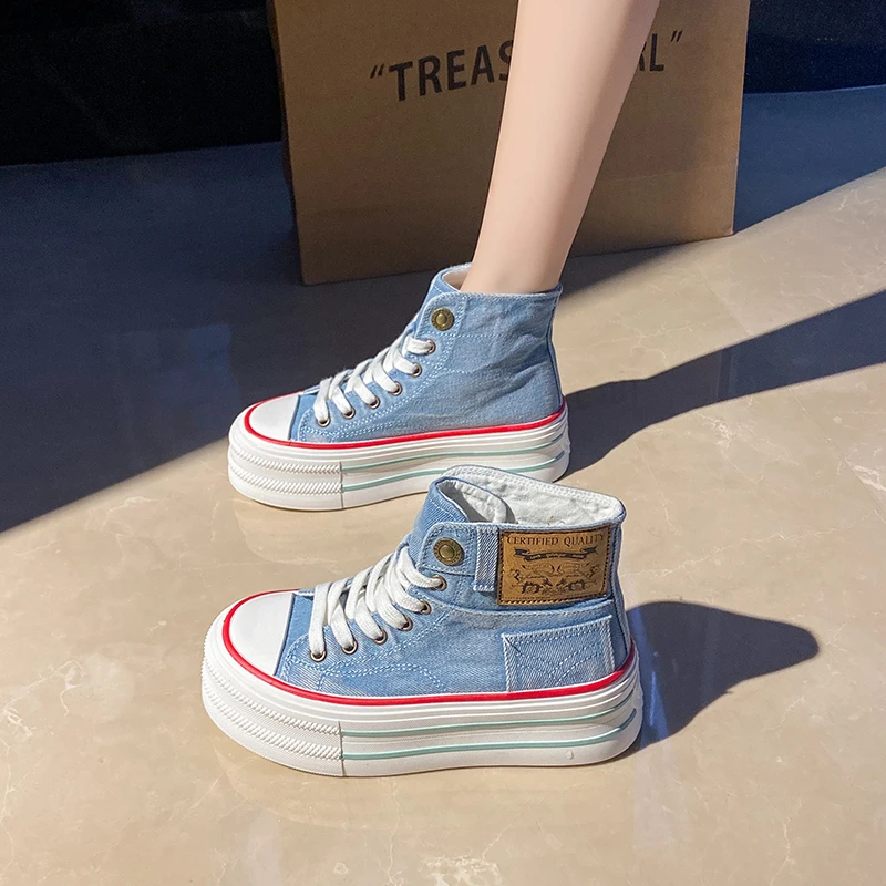 2024 Herfst Canvas Schoenen Denim Mode Dikke Zolen Verhoogde Casual Sportschoenen Hoge Platform Vrouwen Sneakers