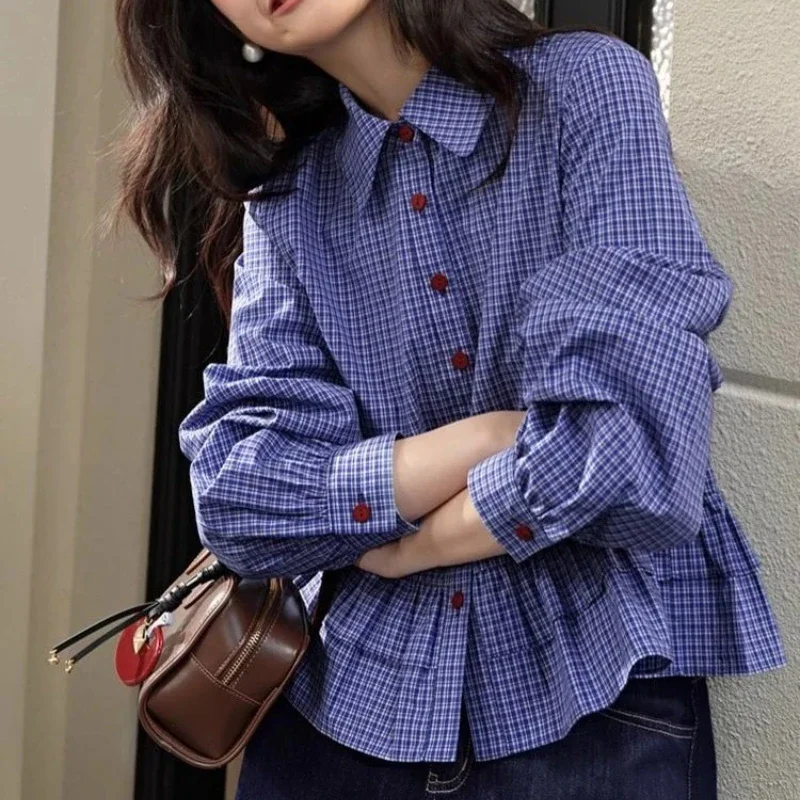 

2025 Spring Women New Style Ruffle Long Sleeve Shirt Top Short Autumn