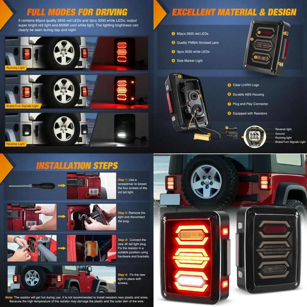

Smoked Lens LED Tail Lights with Red Running, Stop, Brake, Turn, White Reverse, and DOT Approved for 2007-2018 Jeep Wrangler JK