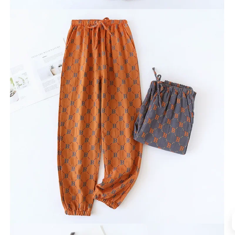 Spring and Autumn Retro Jacquard Pure Cotton Men's Color-Woven Sleep Pants Double-Layer Mesh Loose Home Leggings