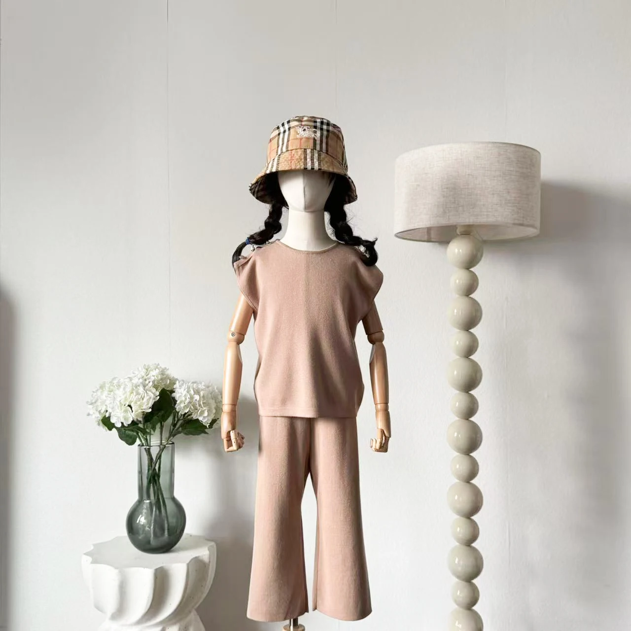 

CH 2025 New Casual Children Sets Pure Color Summer New Girls Set Top Knitted Wide Leg Pants Ensemble Kids Faionable Two-Piece