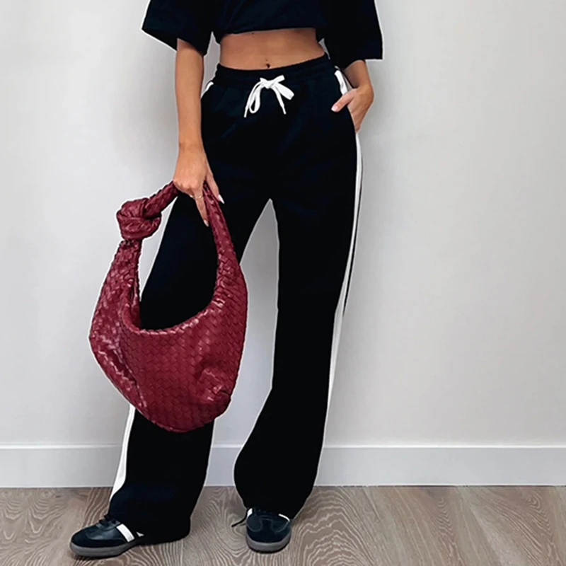 BIIKPIIK Side Striped Casual Pants for Women Contrast Color Basic Sporty Trousers Street Style All-matched Drawstring Sweatpants