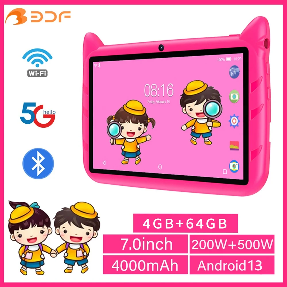 BDF 어린이 태블릿, 안드로이드 13, 4GB RAM, 64GB ROM,1TB 확장, 5G 와이파이, 4000MAH 배터리, 듀얼 카메라, 어린이 선물 소프트웨어, 7 인치 