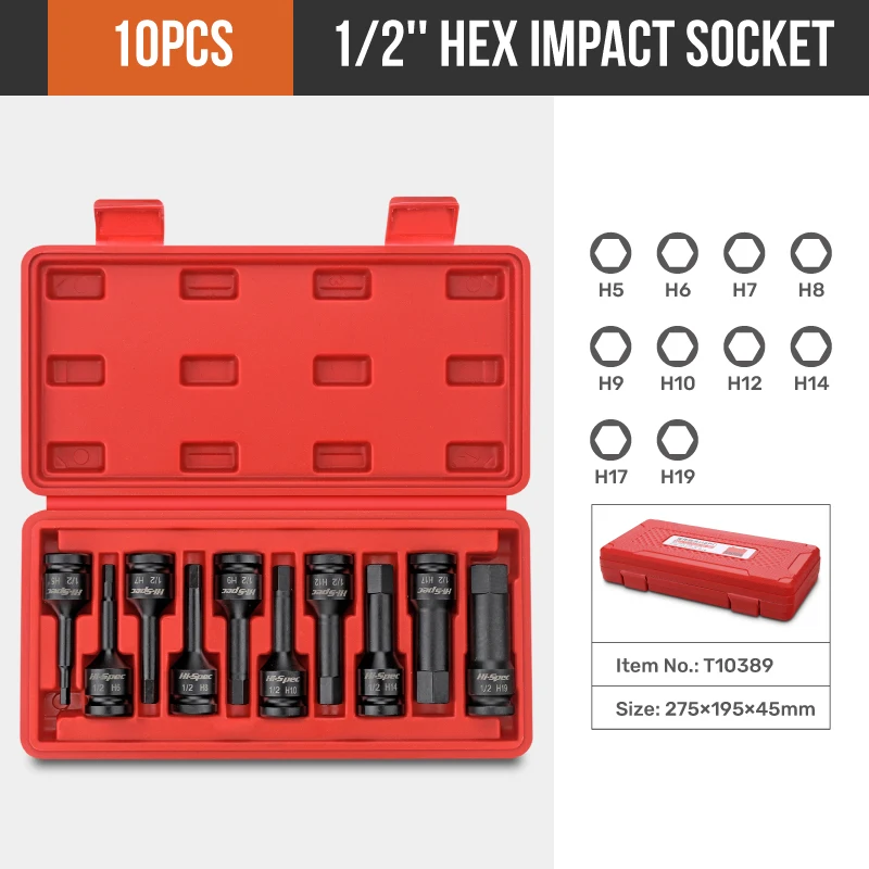 

1/2" 10-Piece CR-MO Impact Socket Set with Anti-Drop Pin, Ratchet/Electric Wrench Adapter & Heavy-Duty Toolbox for Auto Mechanic