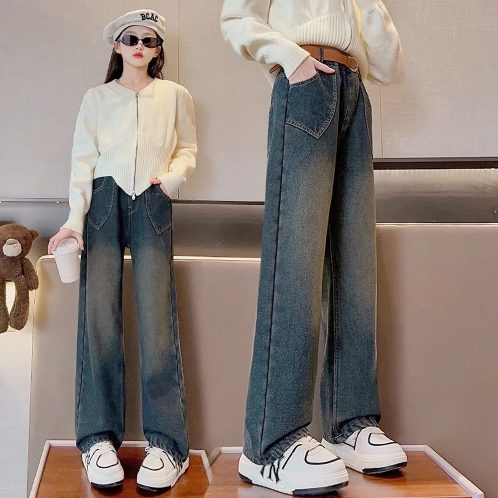 

Детские модные длинные джинсы для девочек-подростков, школьные широкие джинсы с карманами, повседневные свободные джинсовые брюки, детские брюки в корейском стиле