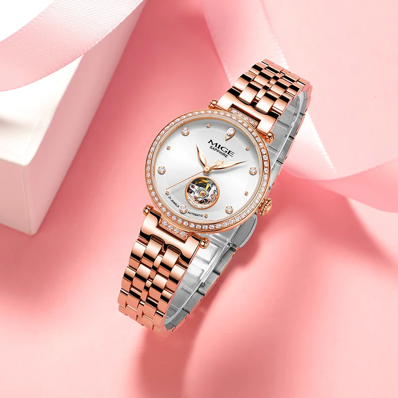 MIGE Orologi di marca di lusso da donna Orologi da polso meccanici da donna impermeabili con diamanti a carica automatica in acciaio inossidabile