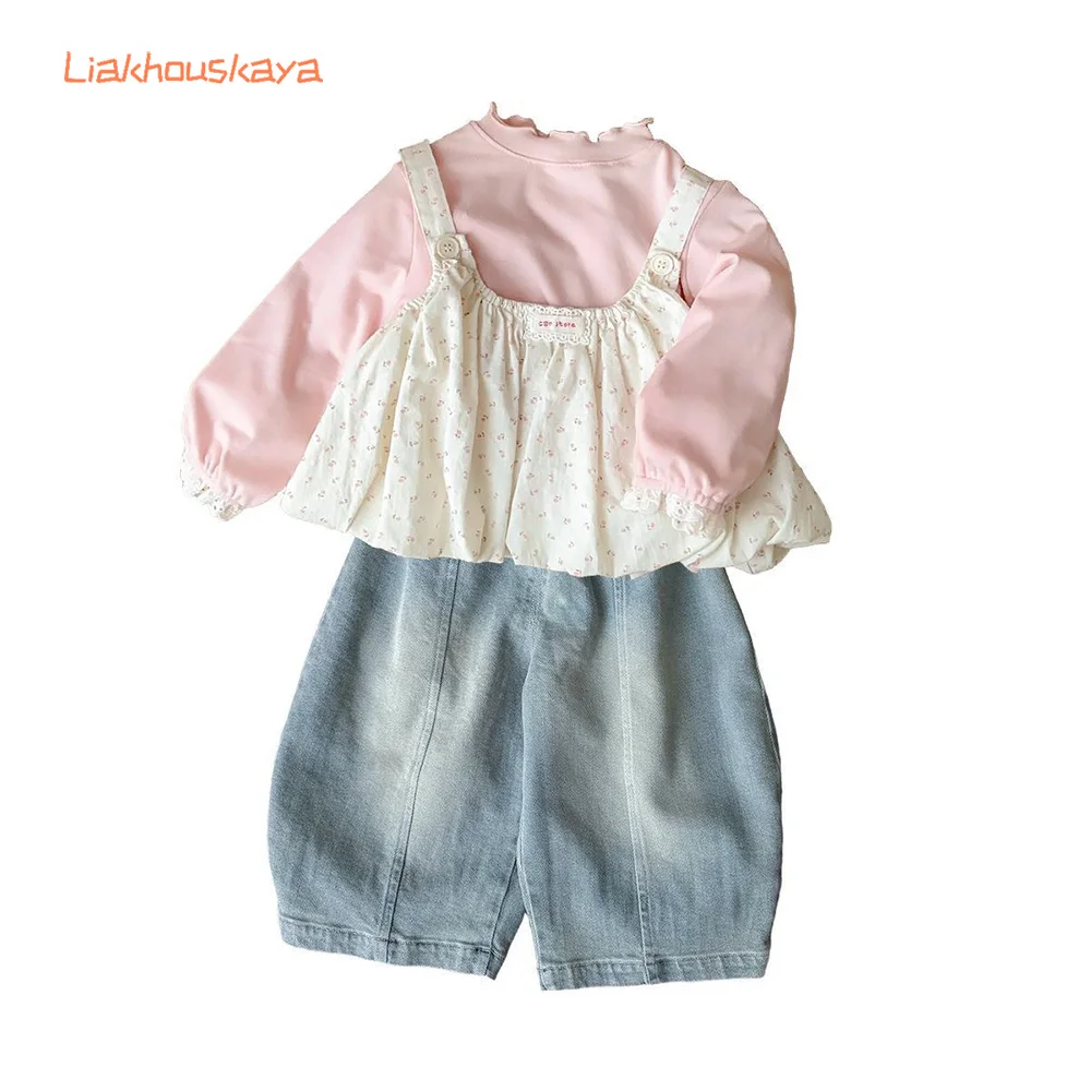 2026 Spring Korean Sweet Girls Sling Puffy Tutu Dress Set Toddler Denim Jeans Cute Kids 2-8Y Daily Children Outfit 80-130 cm