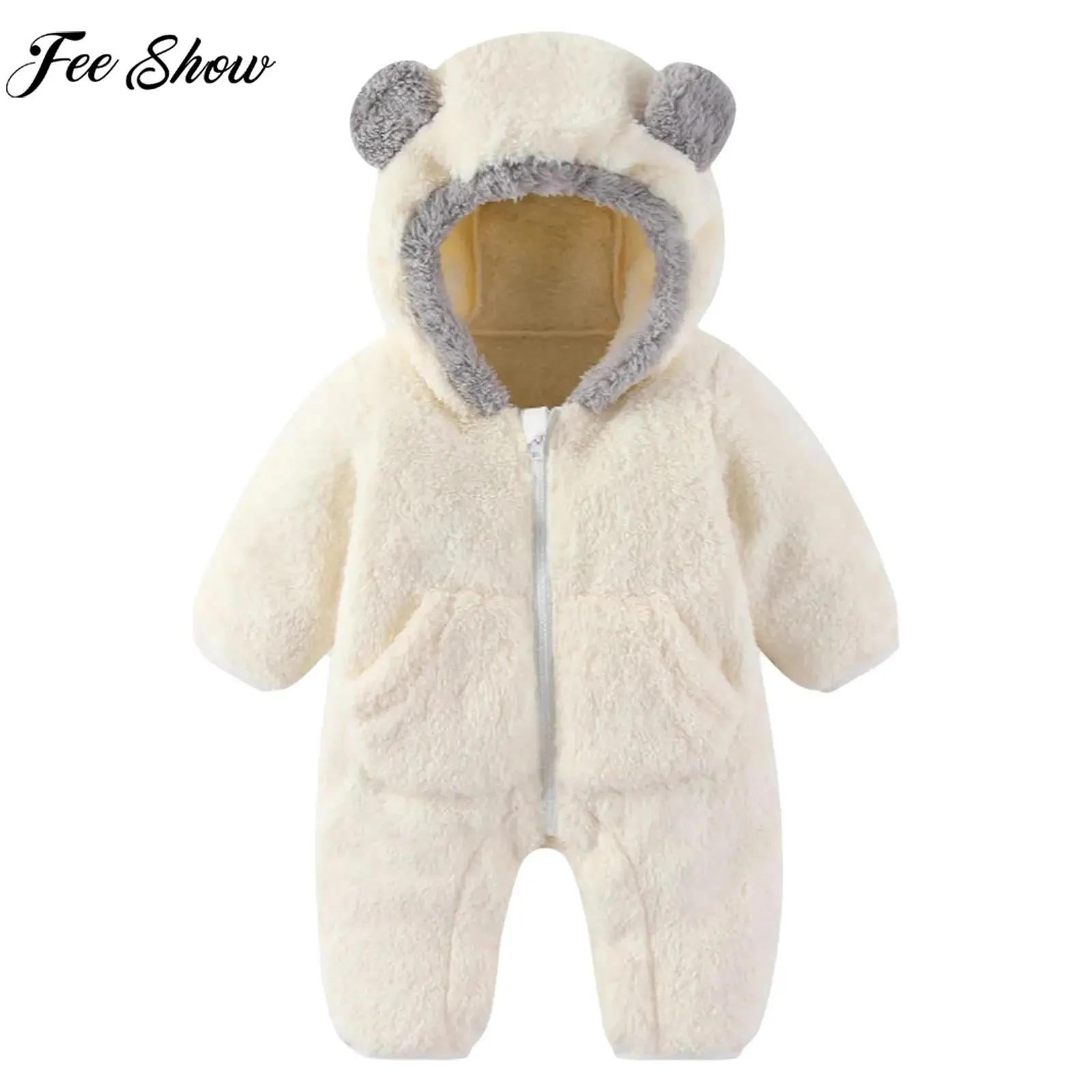 

0-12M Baby Winter Warm Fleece Hooded Rompers Outerwear Long Sleeve Zipper Jumpsuit Coat Teddy Bear Bodysuit Homewear Streetwear