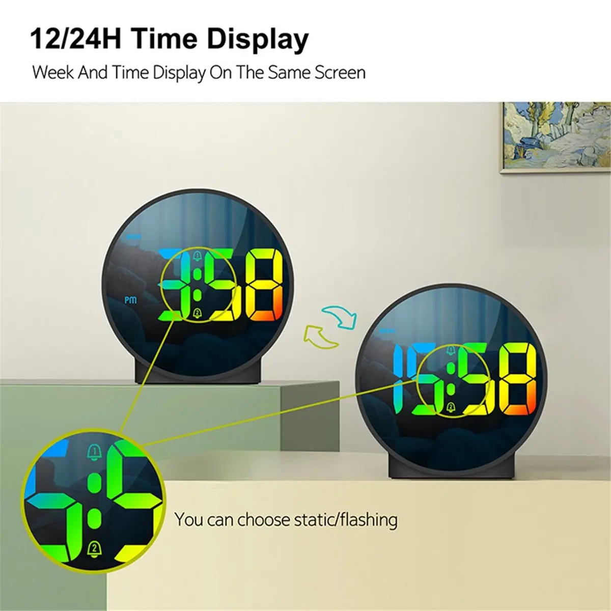 Digital Alarm Clock LED Desk Electronic Clock Dual Alarm 12/24H Snooze Week Display Bedside Clock Table Clock Black