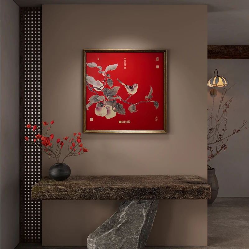 Zen-Inspired Art Deco Apple Tree & Sparrow Brass Painting Solid Wood Frame Birthday-Themed Artistic Wall Hanging