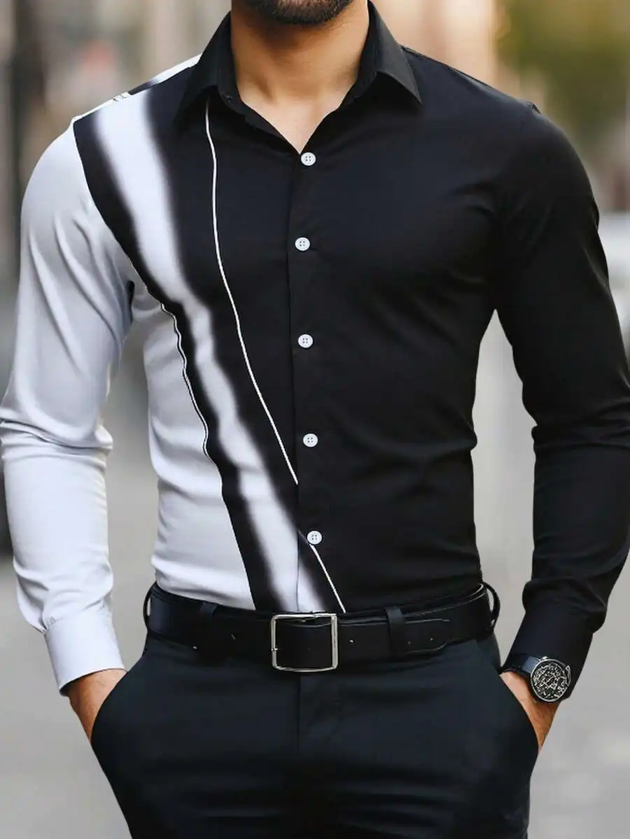

Men's Contrast Panel Single-Breasted Long Sleeve Shirt for Casual or Office Wear