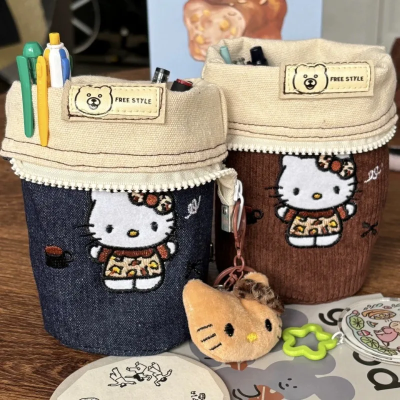 Kawaii Sanrio Hello Kitty Pencil Bags Embroidered Cowboy Pencil Bag Striped Zipper Versatile Handbag Exquisite Storage Bag Gift