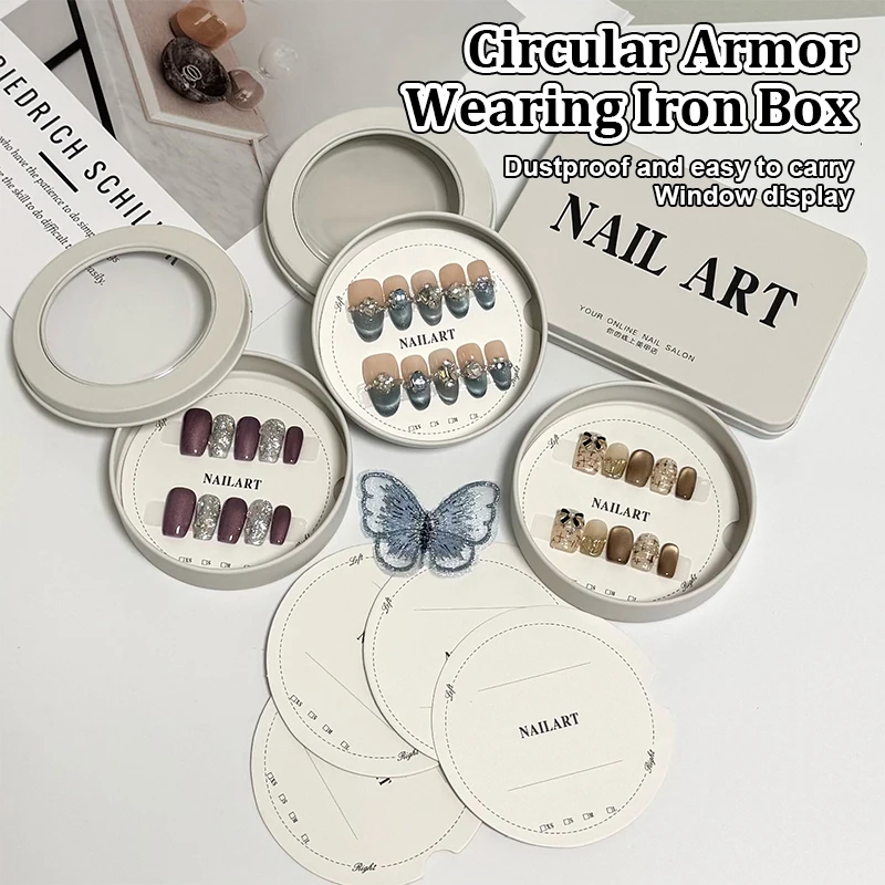 

Пресс для накладных ногтей на круглом железном коробке для демонстрации с карточкой для демонстрации Упаковочная коробка для ногтей для накладных ногтей Готовый продукт