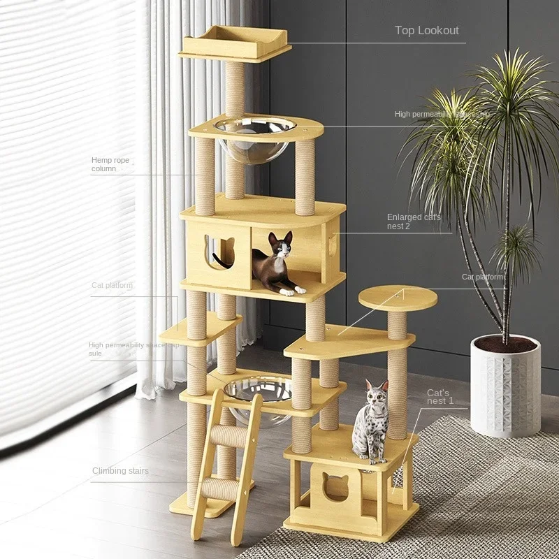 Cat Solid Wood Climbing Frame Game Cat Scratching Platform Cattery Tree Tower  To The Toys Space Module Cats Pet Products