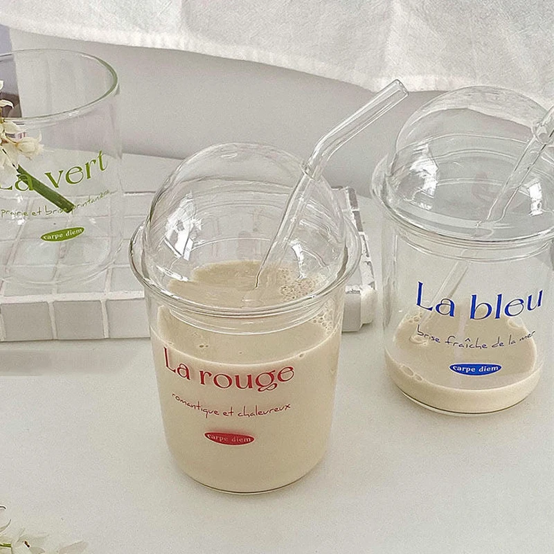 Blue French Cups with Glass Straw Large Capacity Clear Coffee Milk Water Tumbler with Glass Cover Heat-resistant Glass Bobo