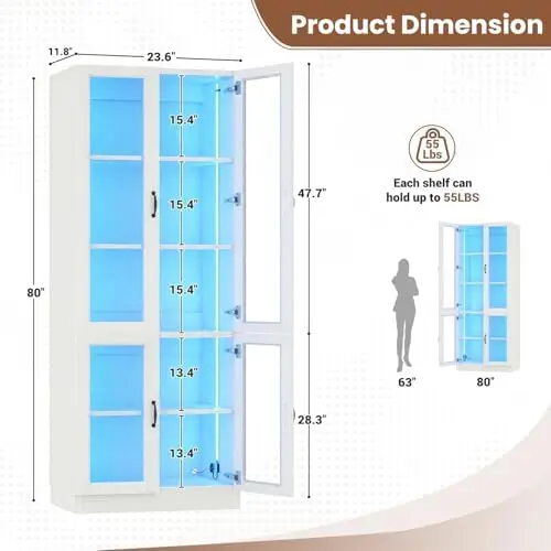 80" Display Cabinet with Glass Doors, 5-Tier Tall Bookcase with LED Light, Glass Display Case with Adjustable Shelves view 3